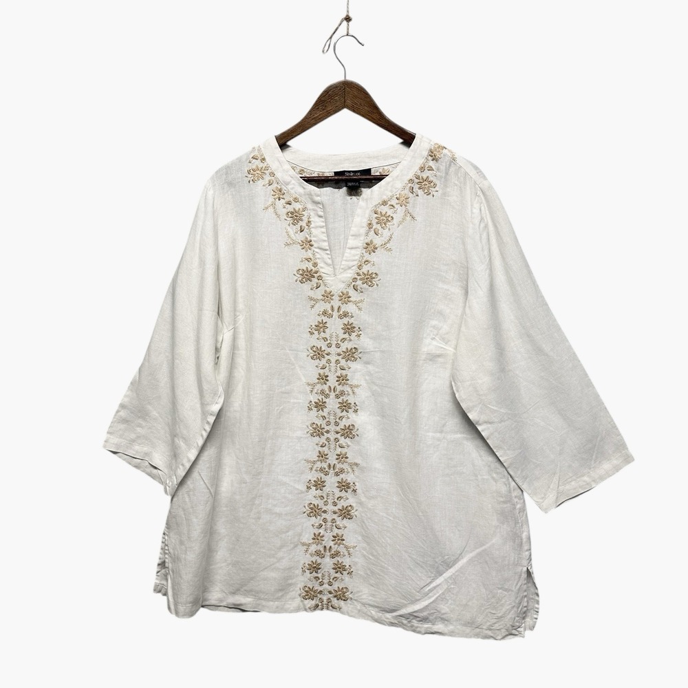 Women's Size 20W White 100% Linen 3/4‎ Sleeve Tunic Top Blouse Floral Embroidery